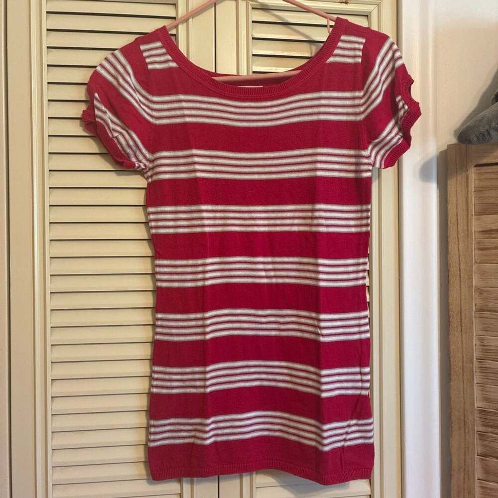 Red White Striped Short Sleeve Sweater Top